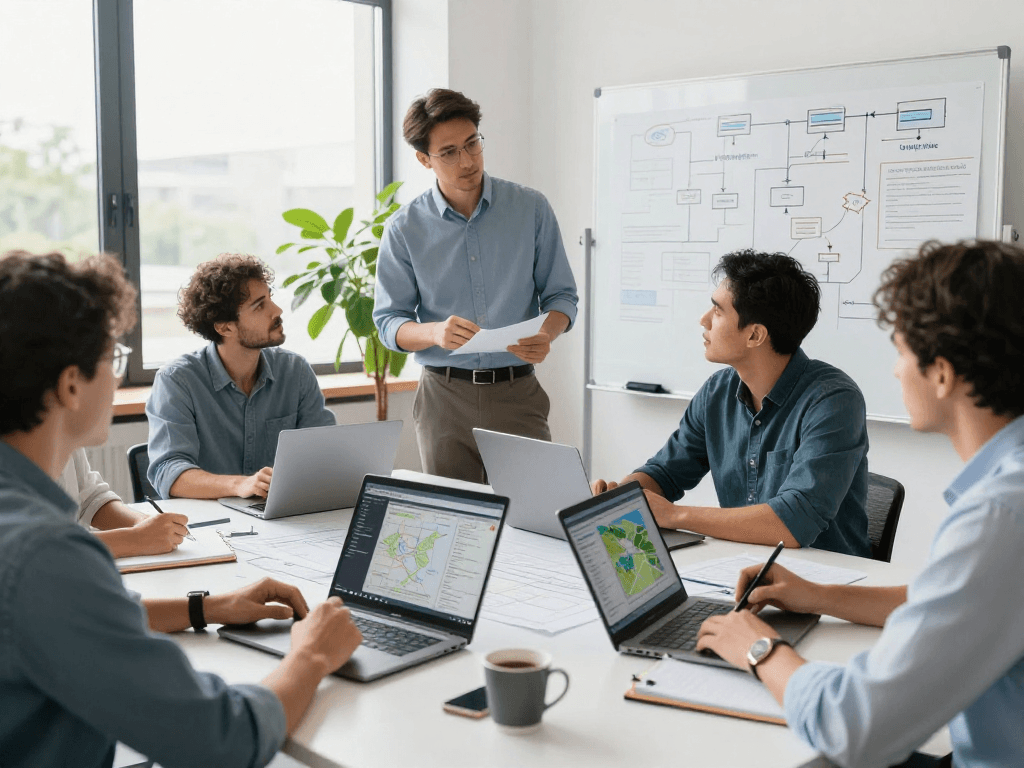 Vermessungsbüros und ÖbVI Team bei der Zusammenarbeit an Datenschutzprojekten in einem modernen Büro.