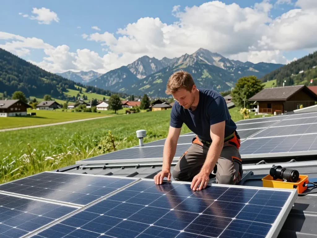 Photovoltaik Bayern Installation in der bayerischen Landschaft, Techniker arbeitet an Solarpanelen.