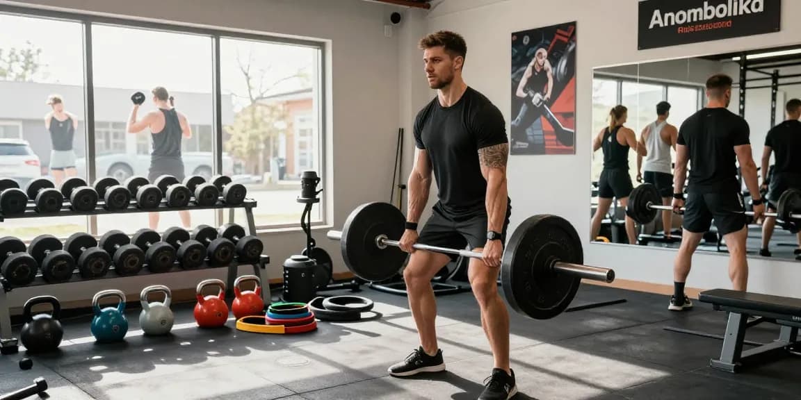 Anabolika Shop Deutschland bietet hochwertige Fitnessprodukte in einer lebendigen Fitnessstudio-Szene, in der ein engagierter Bodybuilder konzentriert Gewichte hebt, während ihn eine energetische Atmo