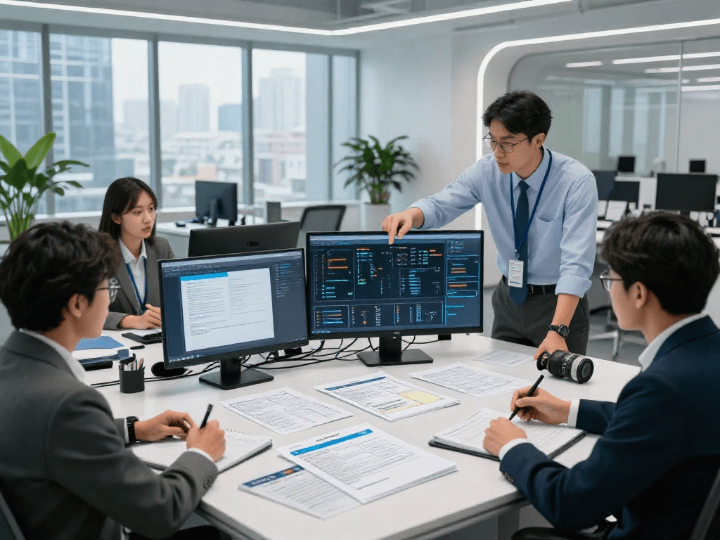 Team collaborating on document fraud detection with advanced analysis tools and digital displays in a modern office.
