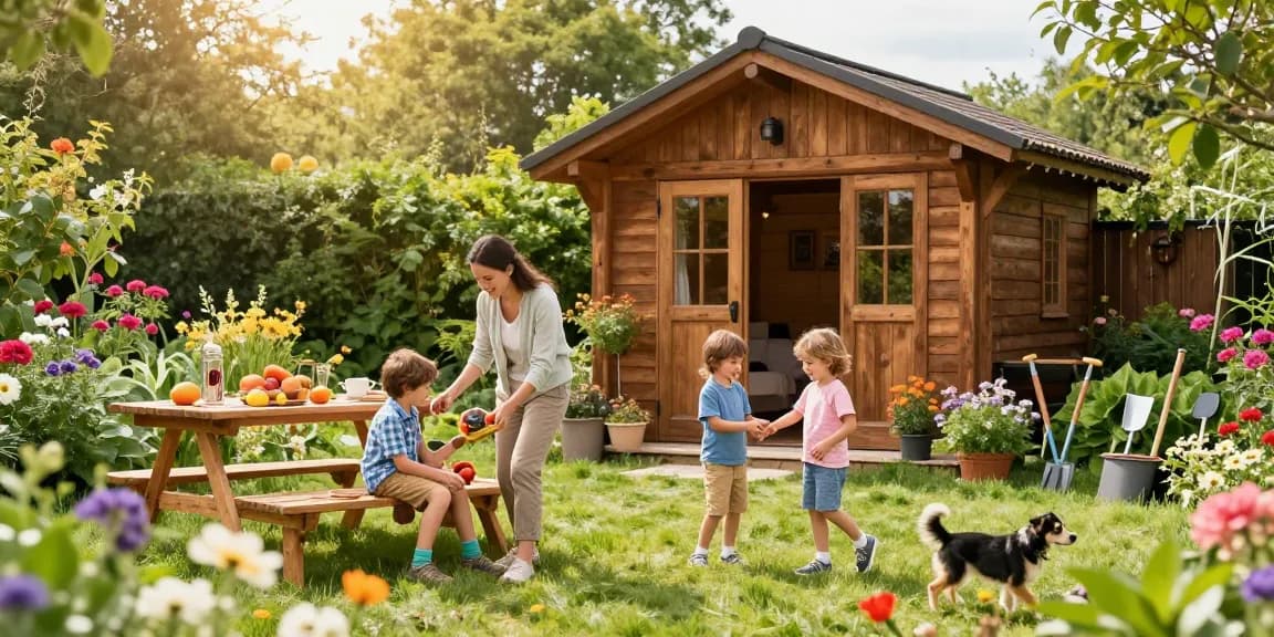 Familie genießt den Garten neben ihrem Gartenhaus mit Blumen und Sonnenschein.