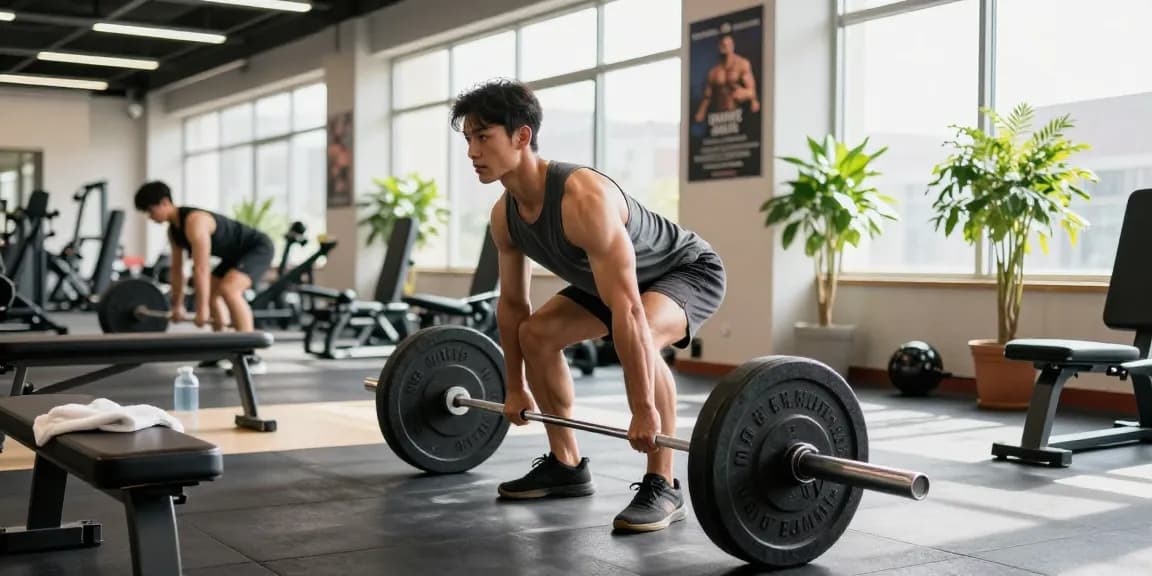 Anabolika Shop - Focused bodybuilder deadlifting in a bright gym surrounded by workout equipment, showcasing dedication to muscle growth.
