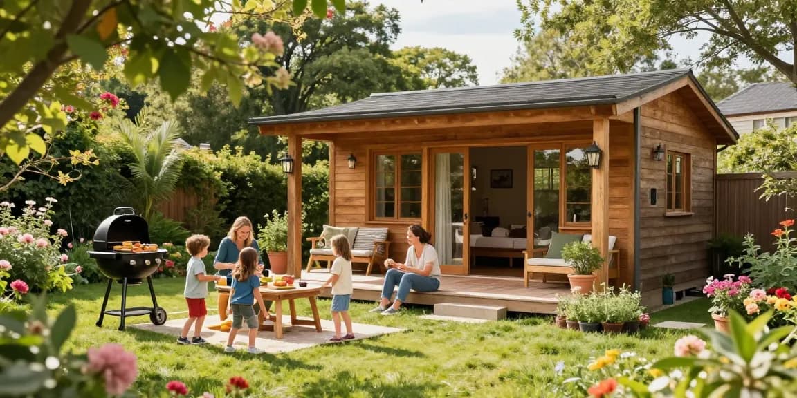 Gartenhäuser: Stilvolles Gartenhaus in blühender Umgebung mit Familie, ideal für entspannte Nachmittage.