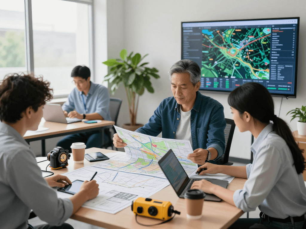 Collaboration in a professional survey office environment with engineers analyzing data for Vermessungsbüros und ÖbVI.