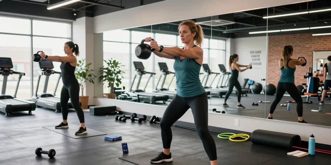 Anabolika Shop für Fitnessprodukte: Athletin trainiert motiviert im modernen Fitnessstudio mit verschiedenen Trainingsgeräten.