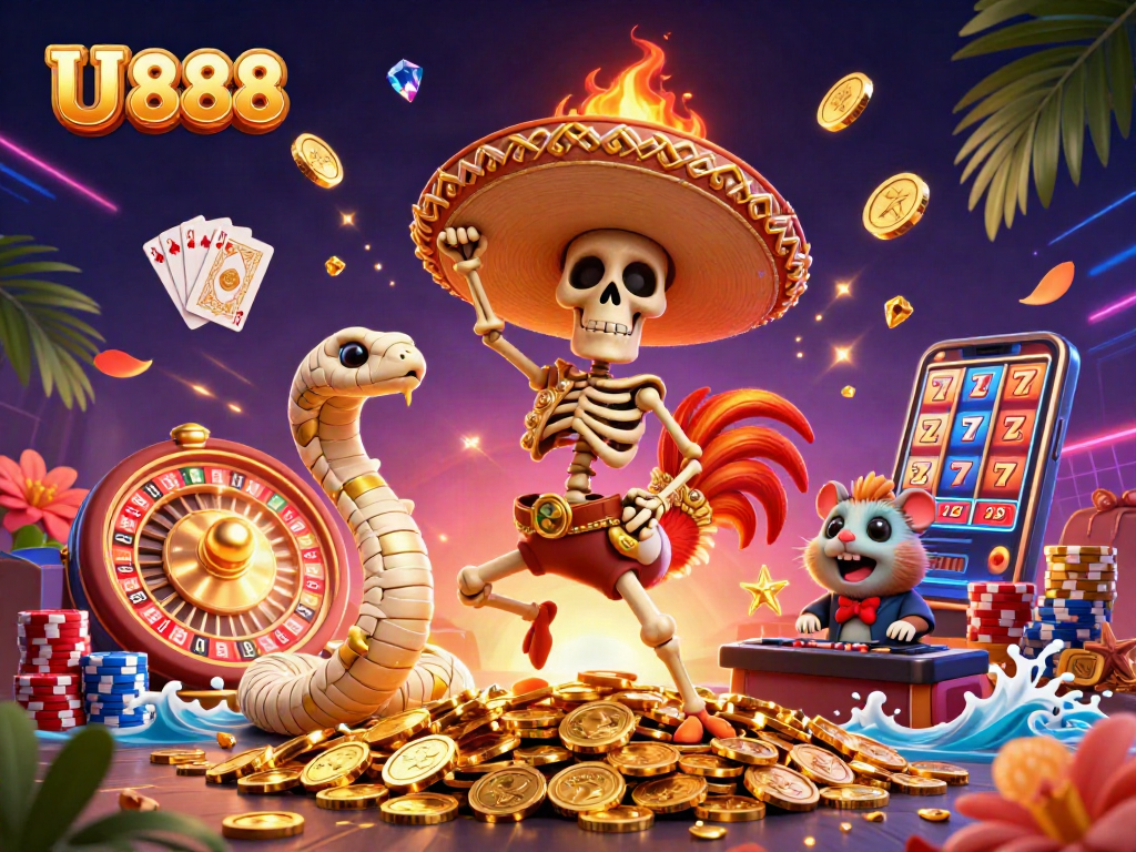 Engage with U 888's vibrant casino scene featuring rhythmic characters and dynamic gaming elements.
