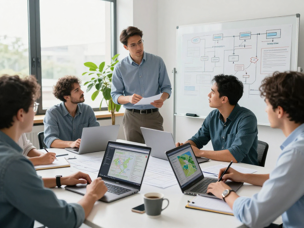Vermessungsbüros und ÖbVI Team bei der Zusammenarbeit an Datenschutzprojekten in einem modernen Büro.
