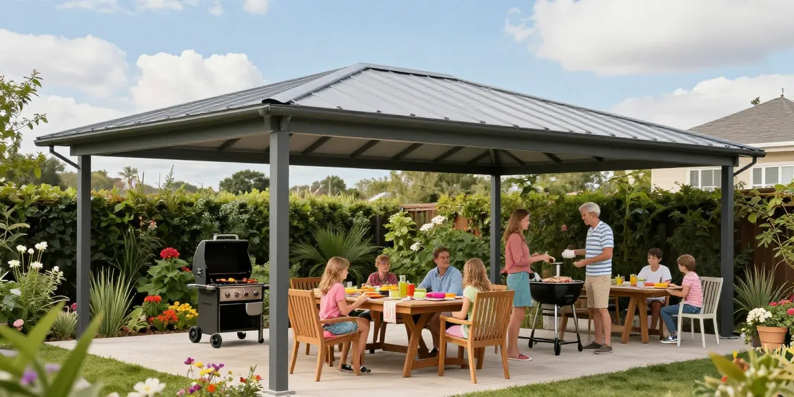 Moderne Terrassenüberdachung aus Aluminium, die eine Familie beim Grillen schützt.