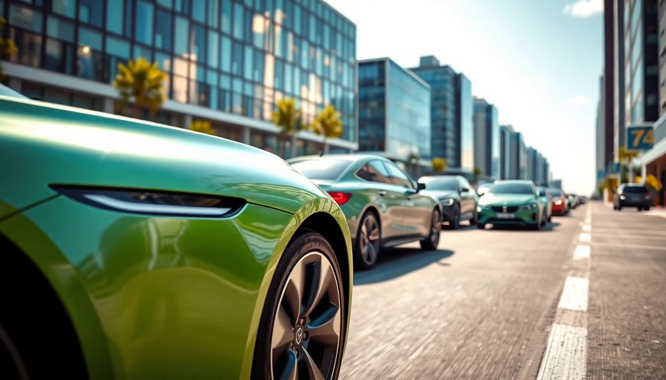 Elektroautos in einer futuristischen Stadtlandschaft mit umweltfreundlichen Designs und Features.