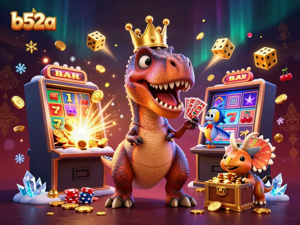 Experience the b52a casino world with animated T-Rex and friends playing games and winning chips.