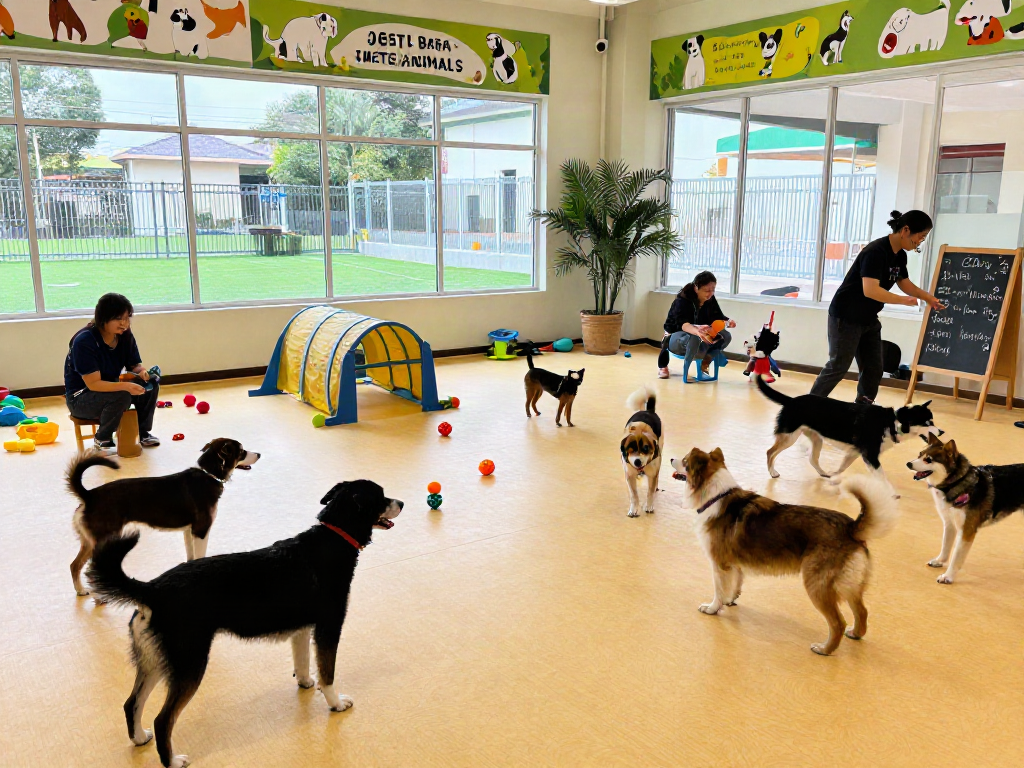Happy dogs playing at a daycare while enjoying depo 10k activities with staff in a vibrant space.
