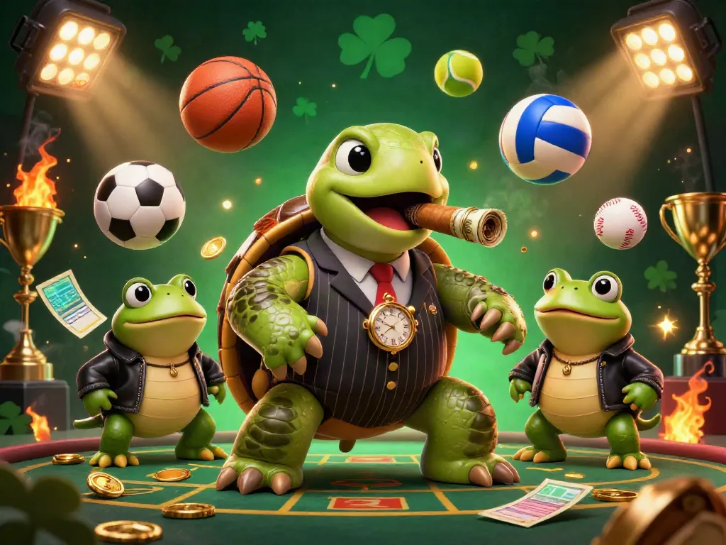 Experience thrilling sports betting action with da88, featuring a cartoon turtle and bullfrog enforcers.