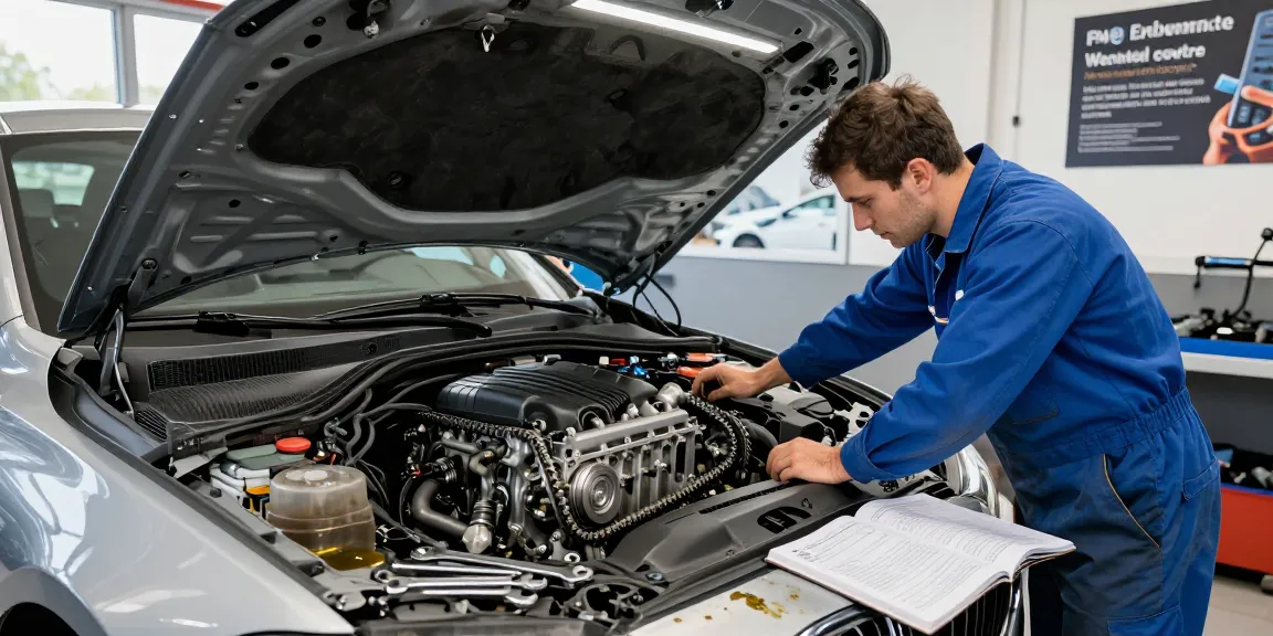 Prozess des BMW Steuerkette Wechselns in einer professionellen Autowerkstatt mit einem Mechaniker, der den Motor inspiziert.
