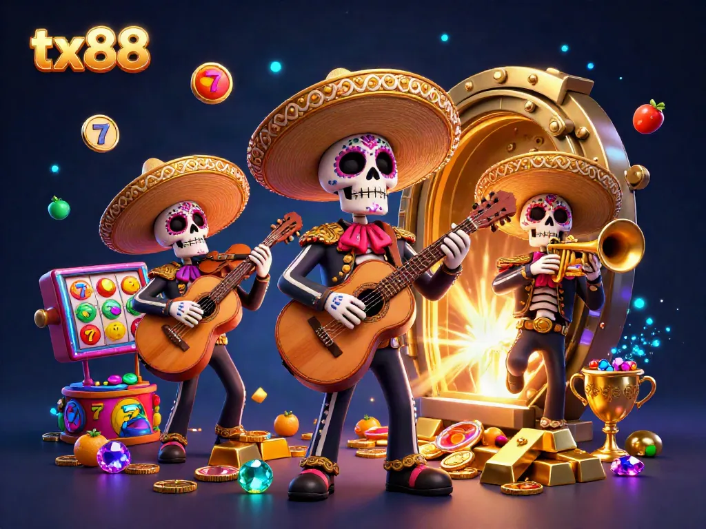 Engage in thrilling actions at tx88's vibrant casino with colorful mariachi band, jewels, and bright gaming elements.