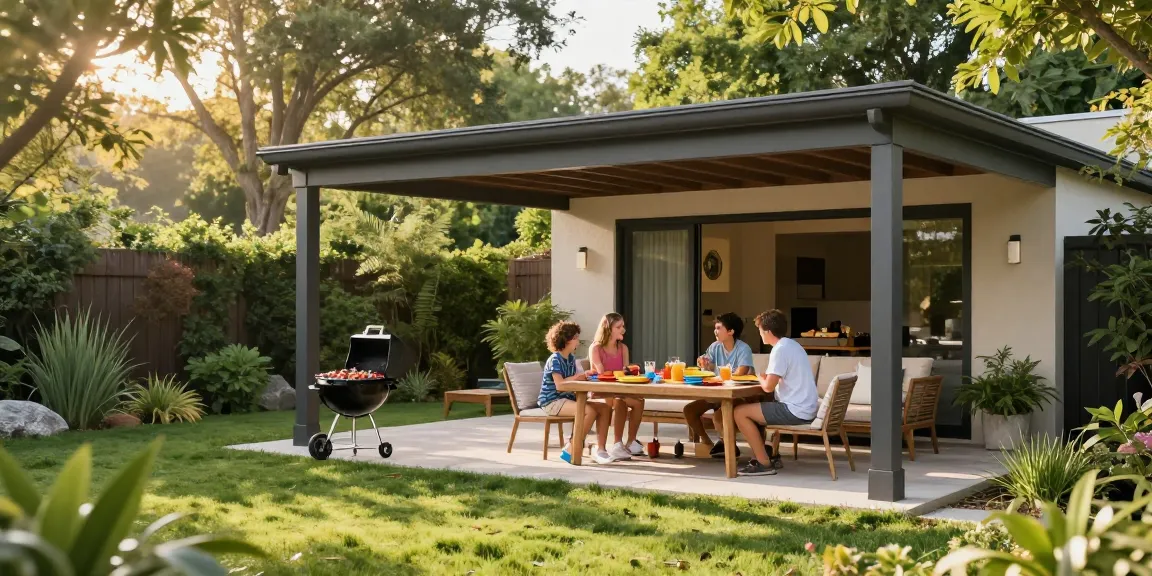 Freistehende Terrassenüberdachung im Garten mit Familie beim Grillen und Essen.