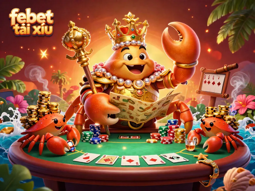 Experience the excitement of febet tài xỉu with a golden crab emperor ruling poker games amid treasure.