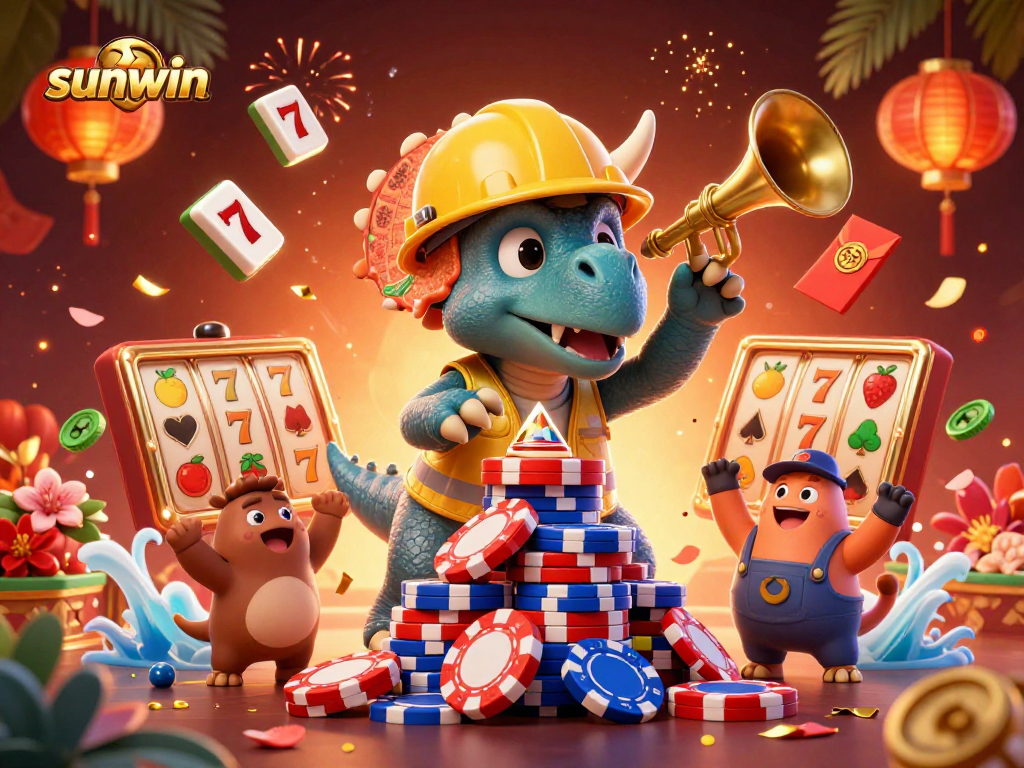sunwin brings excitement with a vibrant scene of celebrating triceratops at a casino
