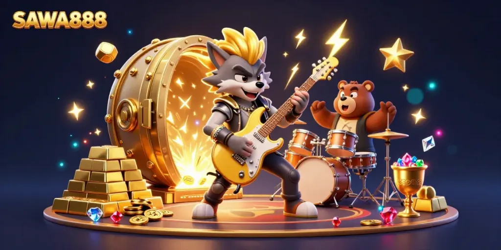 Experience thrilling gameplay with SAWA888, where golden treasures and dynamic characters electrify the casino stage.