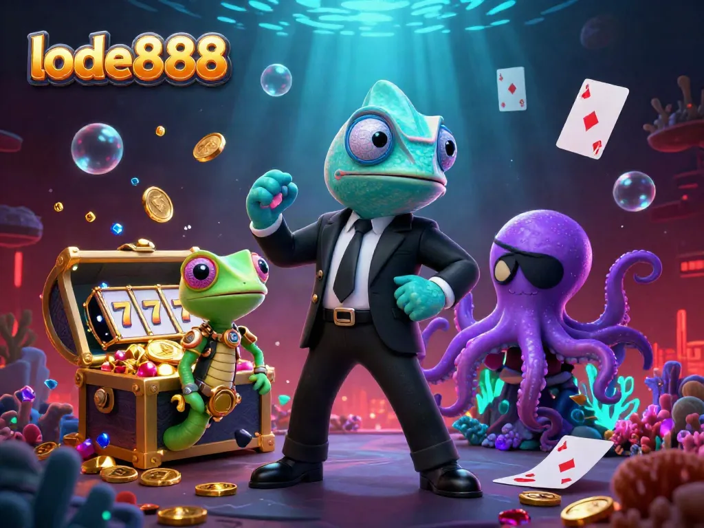 Engage with the thrilling world of lode888, where a secret agent chameleon and friends explore a treasure-filled underwater casino scene.
