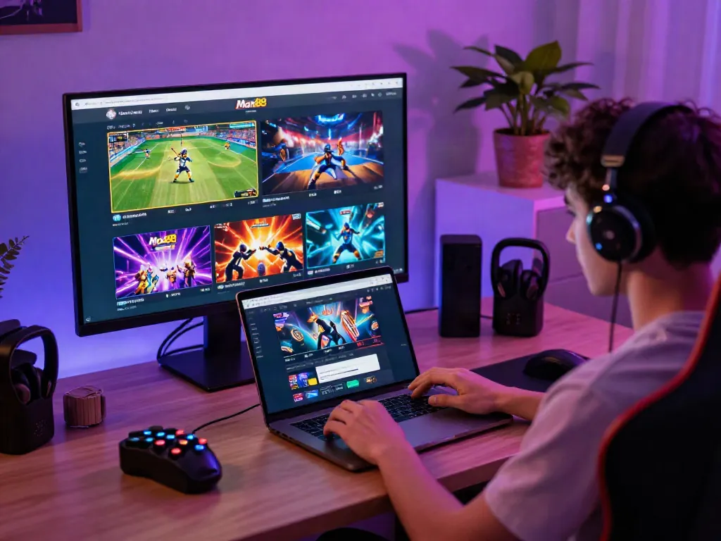 Engaging scene of user interacting with Man88 online gaming platform in a modern home office.