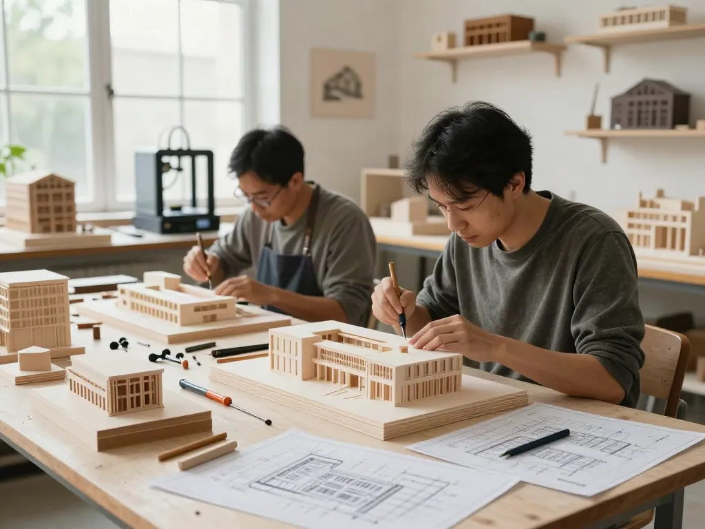Detailreiche Premium Modelle werden in einem modernen Modellbauatelier gefertigt, umgeben von äußerst präzisen Werkzeugen und inspirierenden Architekturzeichnungen.