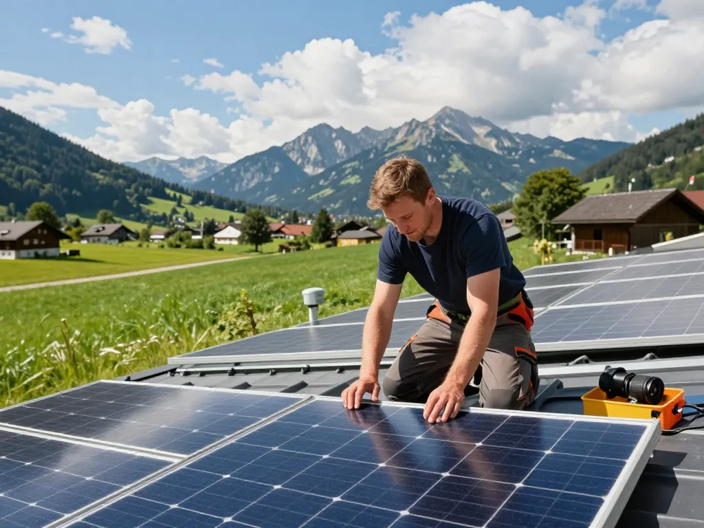 Photovoltaik Bayern Installation in der bayerischen Landschaft, Techniker arbeitet an Solarpanelen.