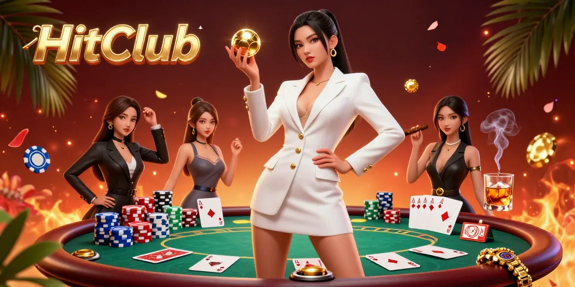 HitClub's vibrant casino scene showcases an Asian woman holding a roulette ball amid poker chips.