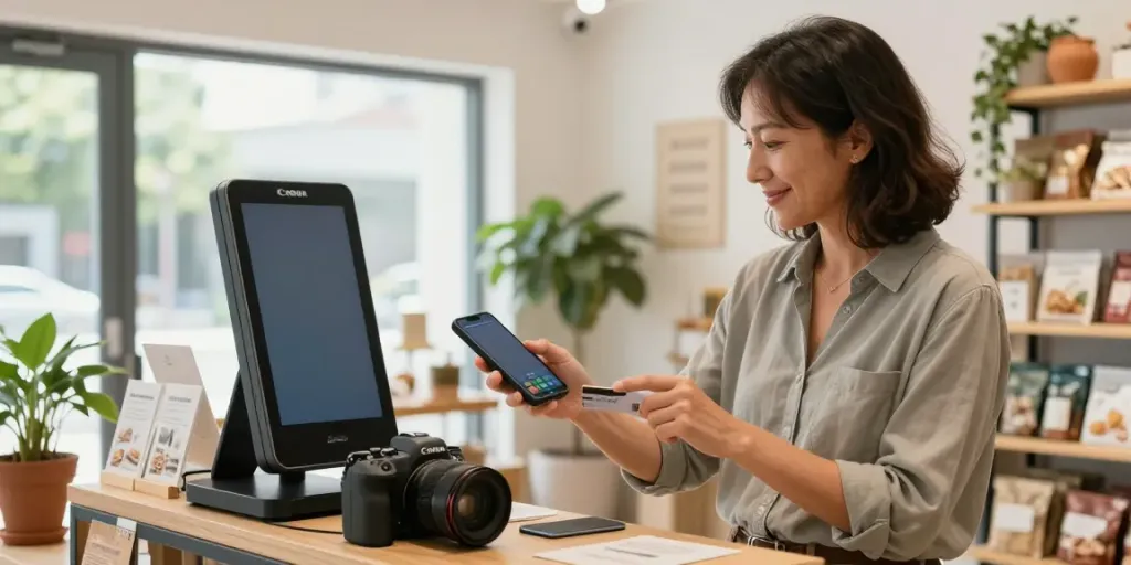 Eine Unternehmerin akzeptiert Zahlungen mit SoftPOS-Technologie auf ihrem Smartphone in einem modernen Geschäft.