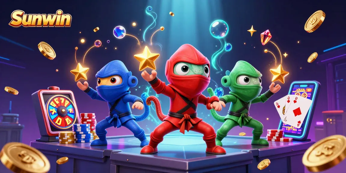 Spin the Sunwin slot machine with colorful chameleon ninjas and golden treasures around