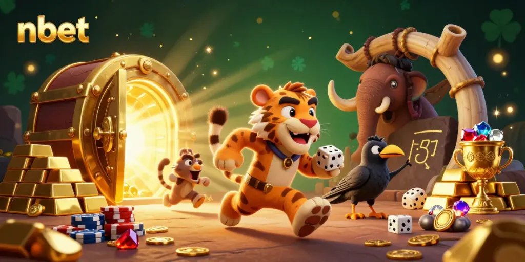Engage with nbet as a playful caveman and sabertooth duo enjoy a vibrant casino environment.