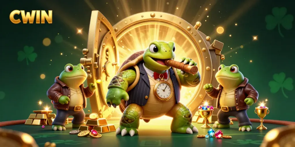 CWIN features a dynamic scene with a 3D turtle in a mobster suit, showcasing exciting casino elements.