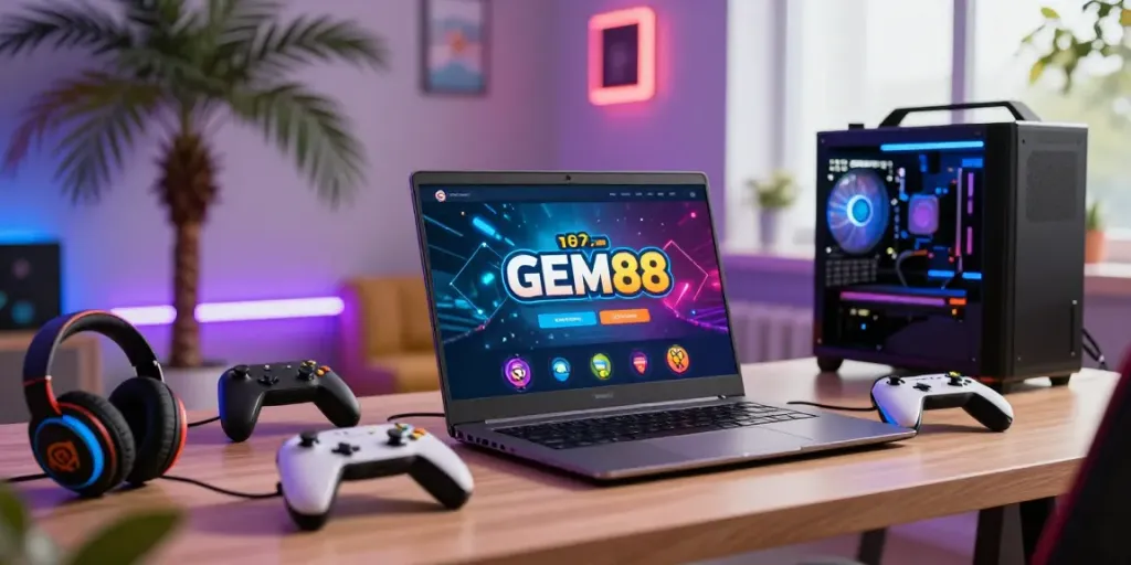 Engaging user enjoying the GEM88 platform on a laptop amidst colorful gaming accessories.
