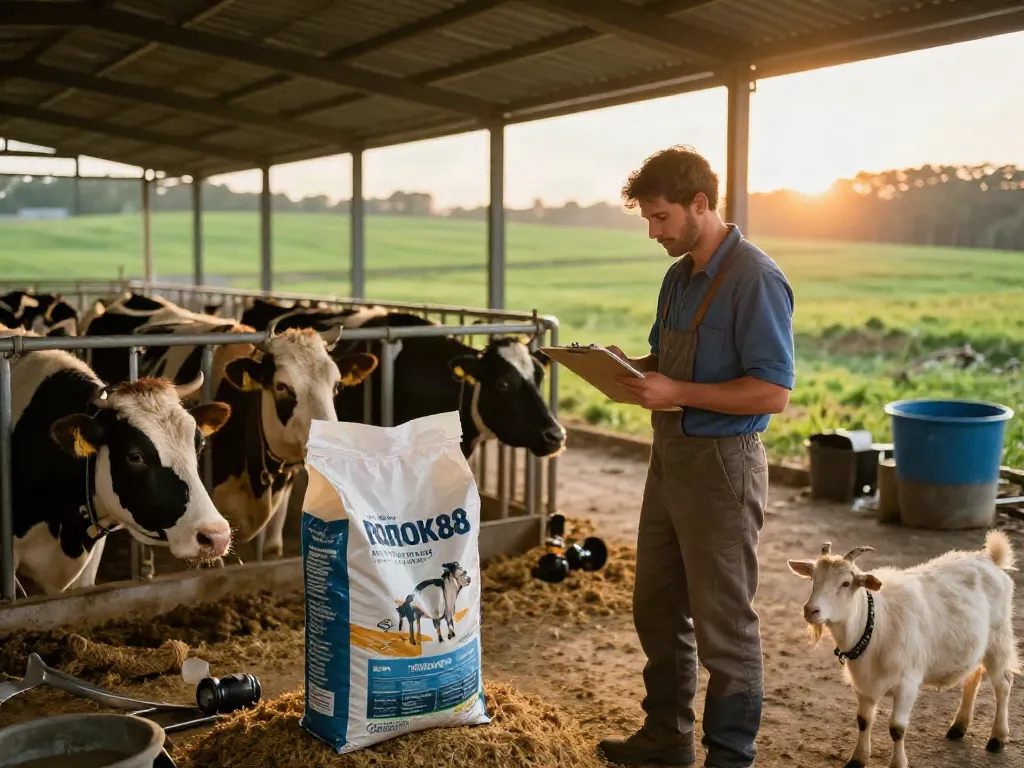 Farmer evaluating ROKOK88 link animal feed in a healthy livestock setting.