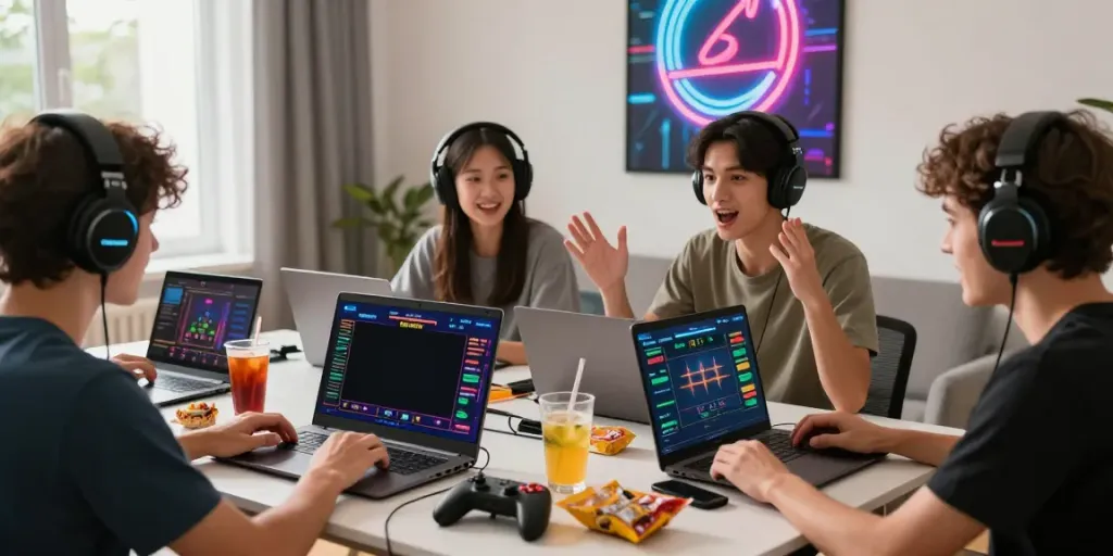 Engaged players at https://nbet.group/ enjoying diverse online gaming activities in a lively home setting.