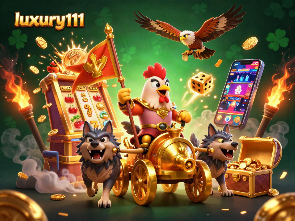 Experience luxury111 with an epic casino scene featuring a warlord, slot machine, and dynamic game elements.