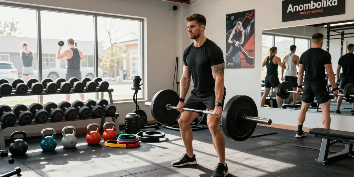Anabolika Shop Deutschland bietet hochwertige Fitnessprodukte in einer lebendigen Fitnessstudio-Szene, in der ein engagierter Bodybuilder konzentriert Gewichte hebt, während ihn eine energetische Atmo