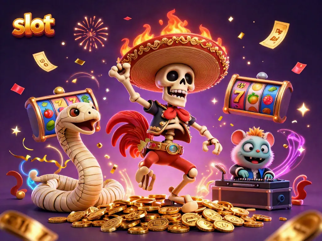 Celebrate with vibrant slot game characters surrounded by golden coins and exhilarating prize elements.