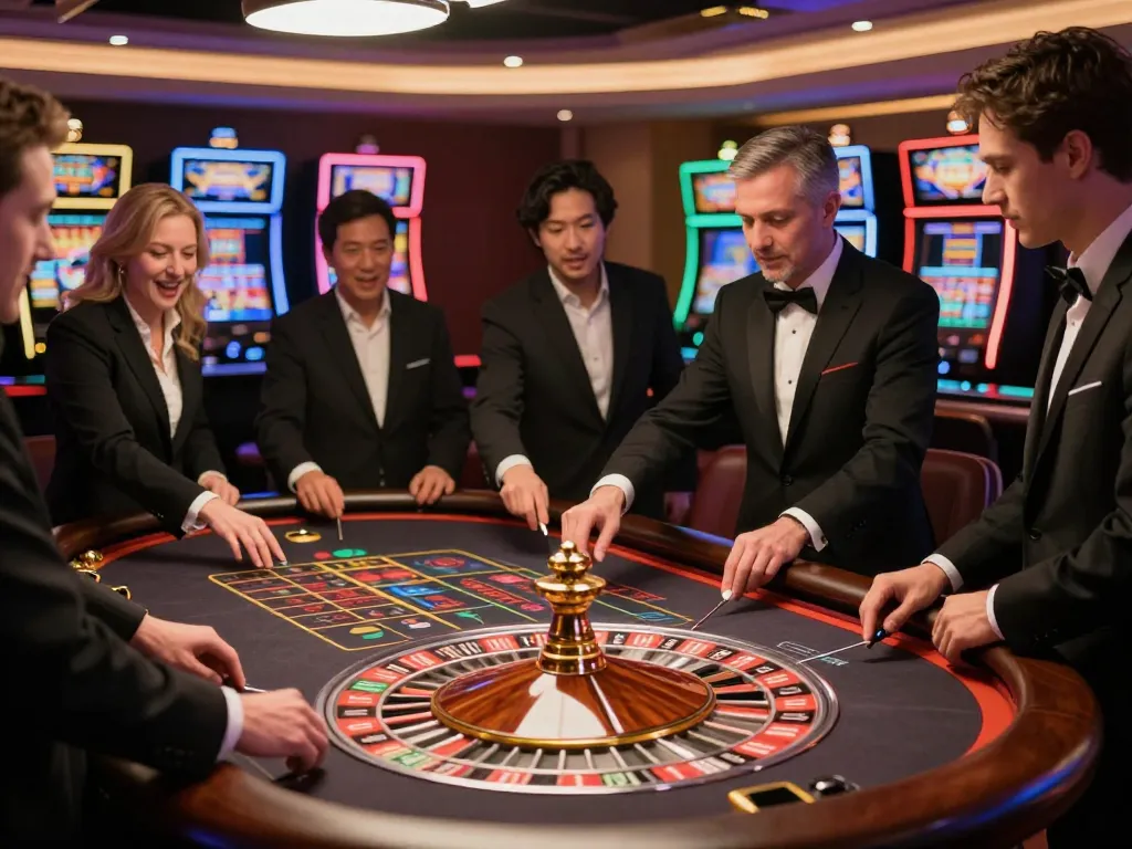 Players engaging in thrilling bets at the LUCKY88 roulette table in a luxurious casino.