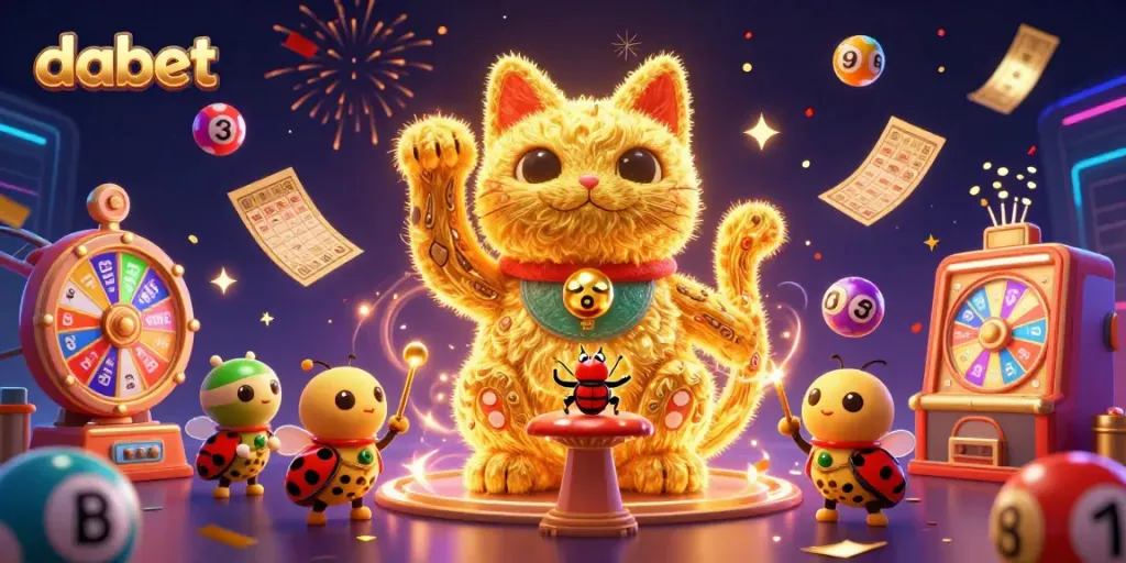 Dabet showcases a mesmerizing 3D golden cat surrounded by dynamic casino elements.