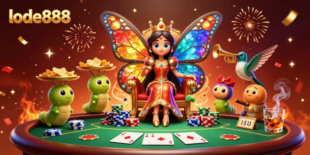 Experience the vibrant world of lode888 with a butterfly queen amidst poker excitement and lavish details.
