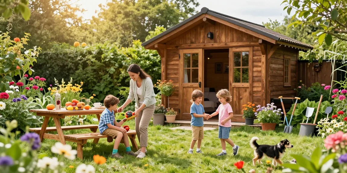 Familie genießt den Garten neben ihrem Gartenhaus mit Blumen und Sonnenschein.