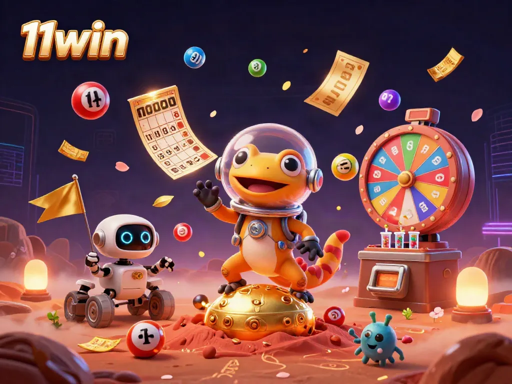11win casino illustration showing a Martian gecko discovering a golden casino, surrounded by colorful lottery elements.