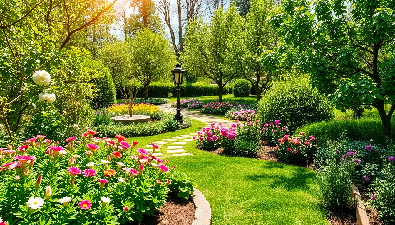 Galabauer working in a well-designed garden with colorful flowers and lush plants.
