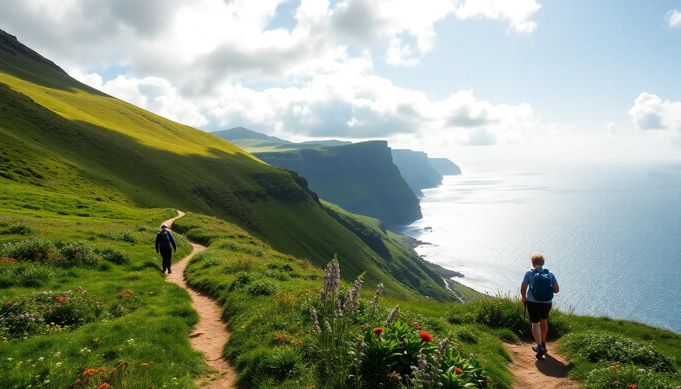 Kerry Way Fernwanderweg hikers enjoying a vibrant landscape with lush greenery and flowers.