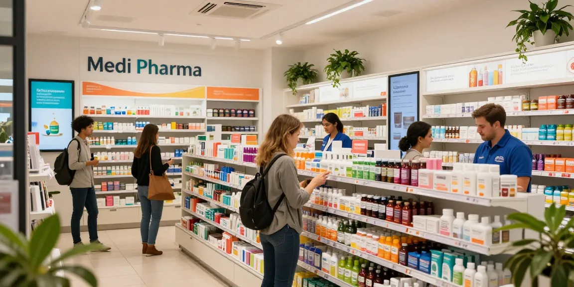 Medi Pharma Shop, der eine Vielzahl von Gesundheitsprodukten präsentiert, mit engagierten Kunden in einer einladenden Einzelhandelsatmosphäre.