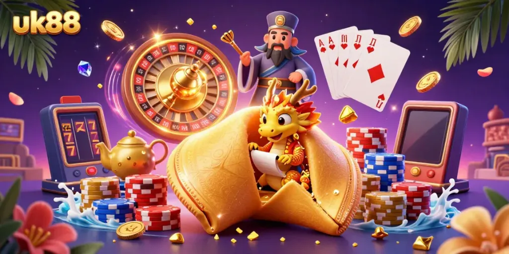 Experience the excitement of uk88's casino with captivating golden elements and dynamic game symbols.