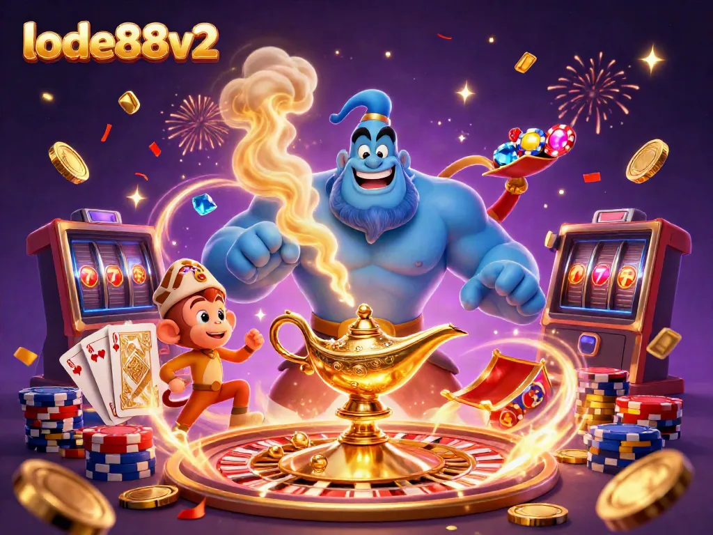 Experience thrilling gaming action at lode88v2 with a magical casino illustration featuring a genie, poker chips, and rewards.