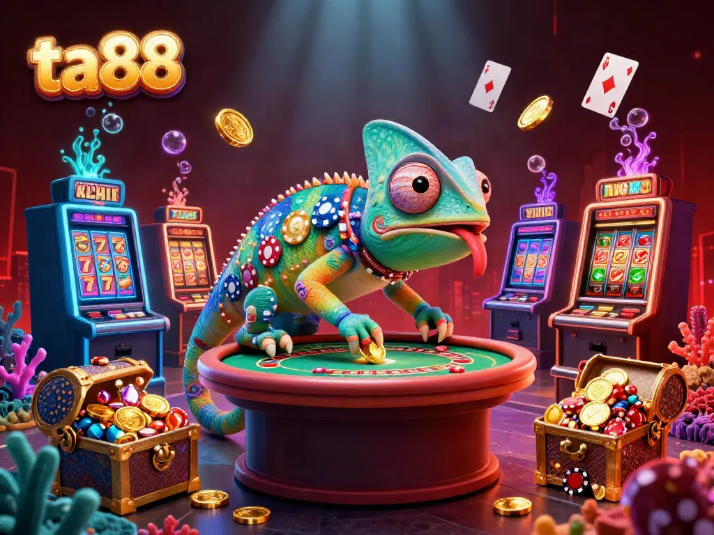 Experience the vibrant ta88 casino world where a chameleon owner captures golden coins and celebrates with lively slot machines.