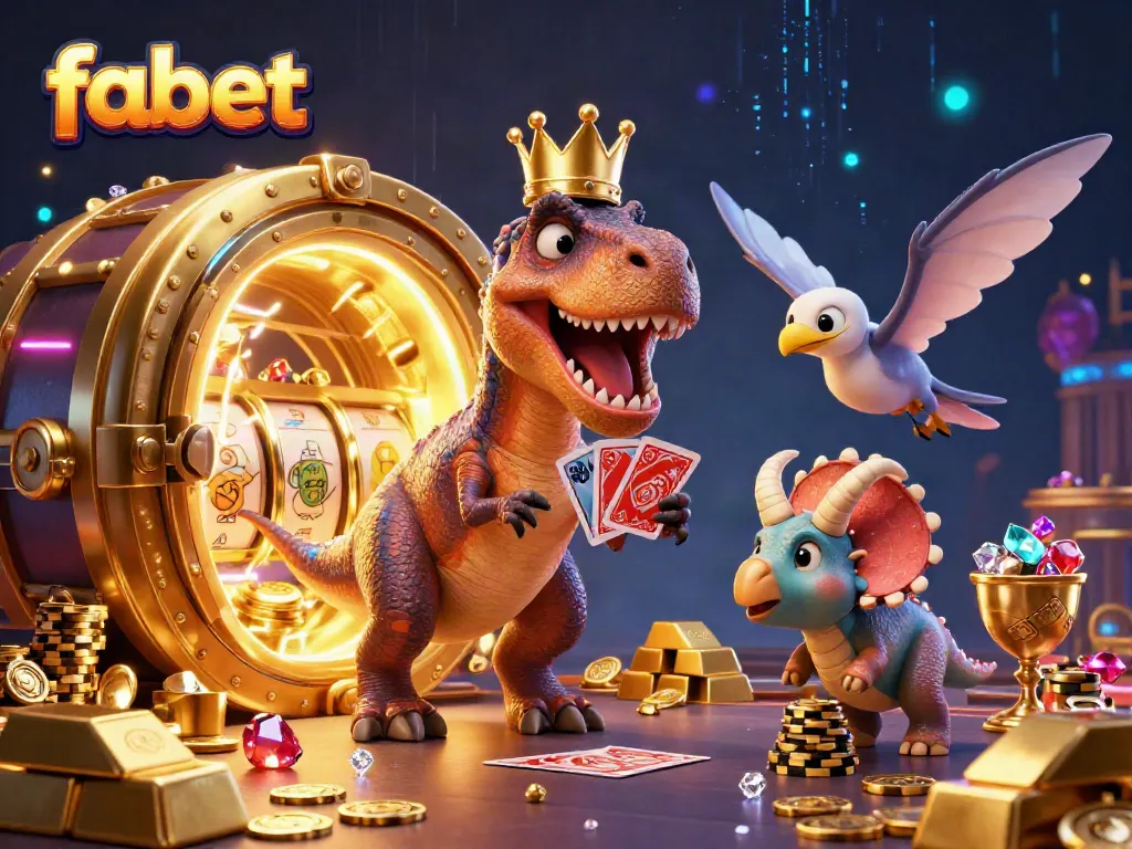 Experience thrilling gambling at fabet with friendly T-Rex trying to shuffle cards.