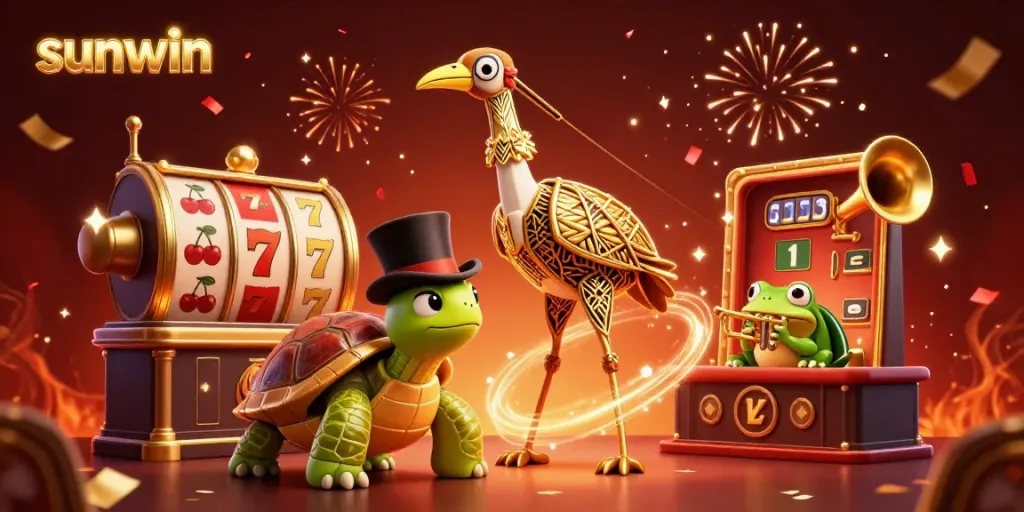 Experience thrilling gameplay with sunwin at a lively casino scene featuring charming characters and dynamic slot elements.